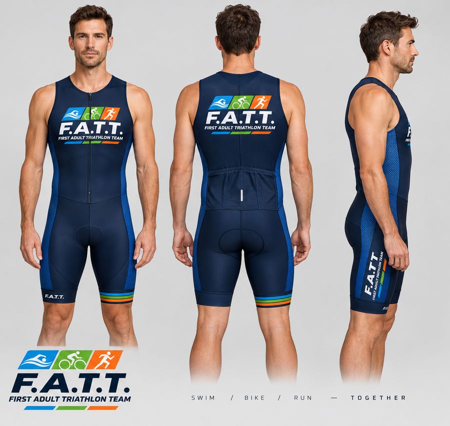 The F.A.T.T. tri suit in men's cut, from the front, back and side